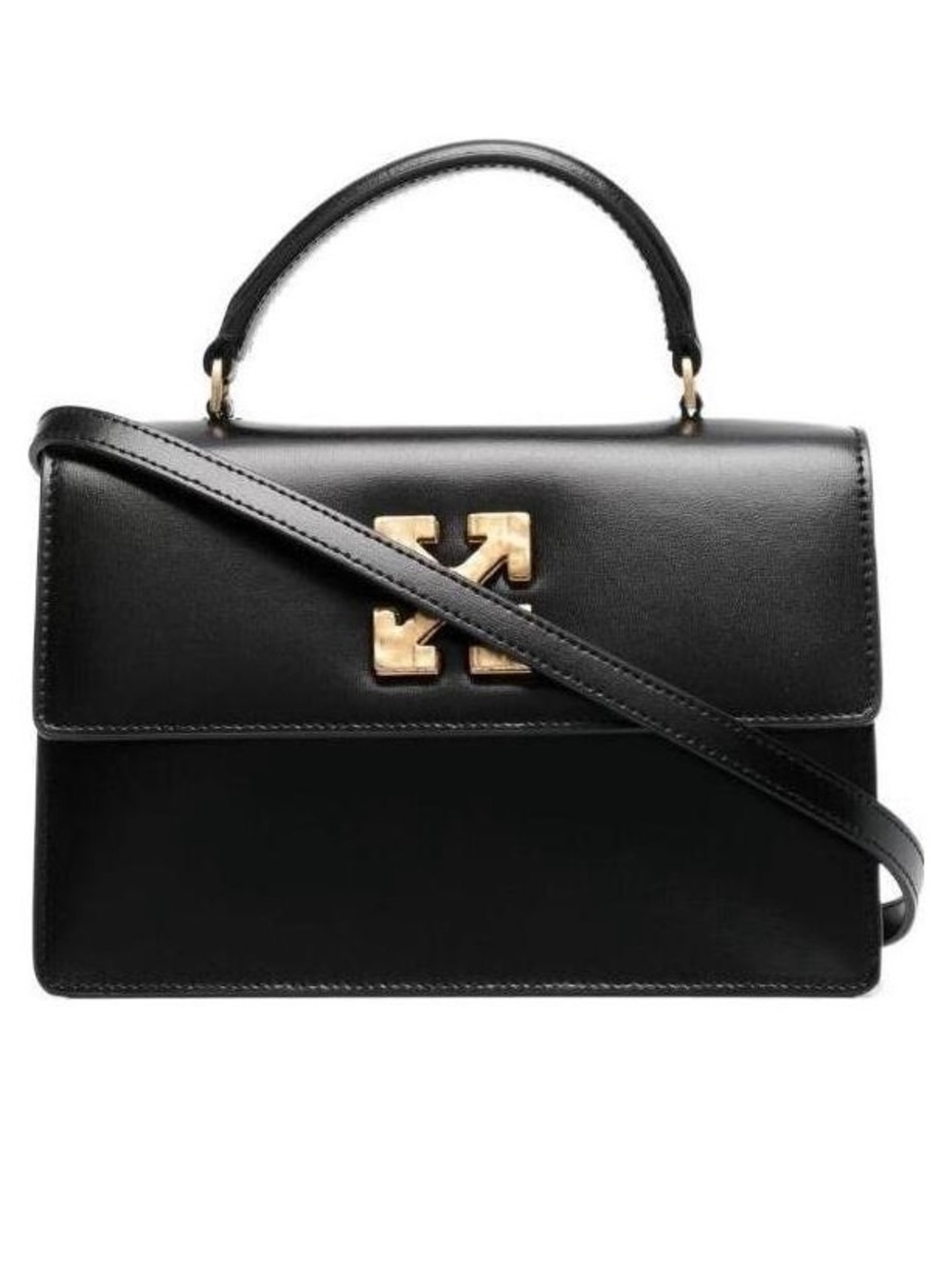 Black Leather Top-Handle Crossbody Bag with Gold Accent